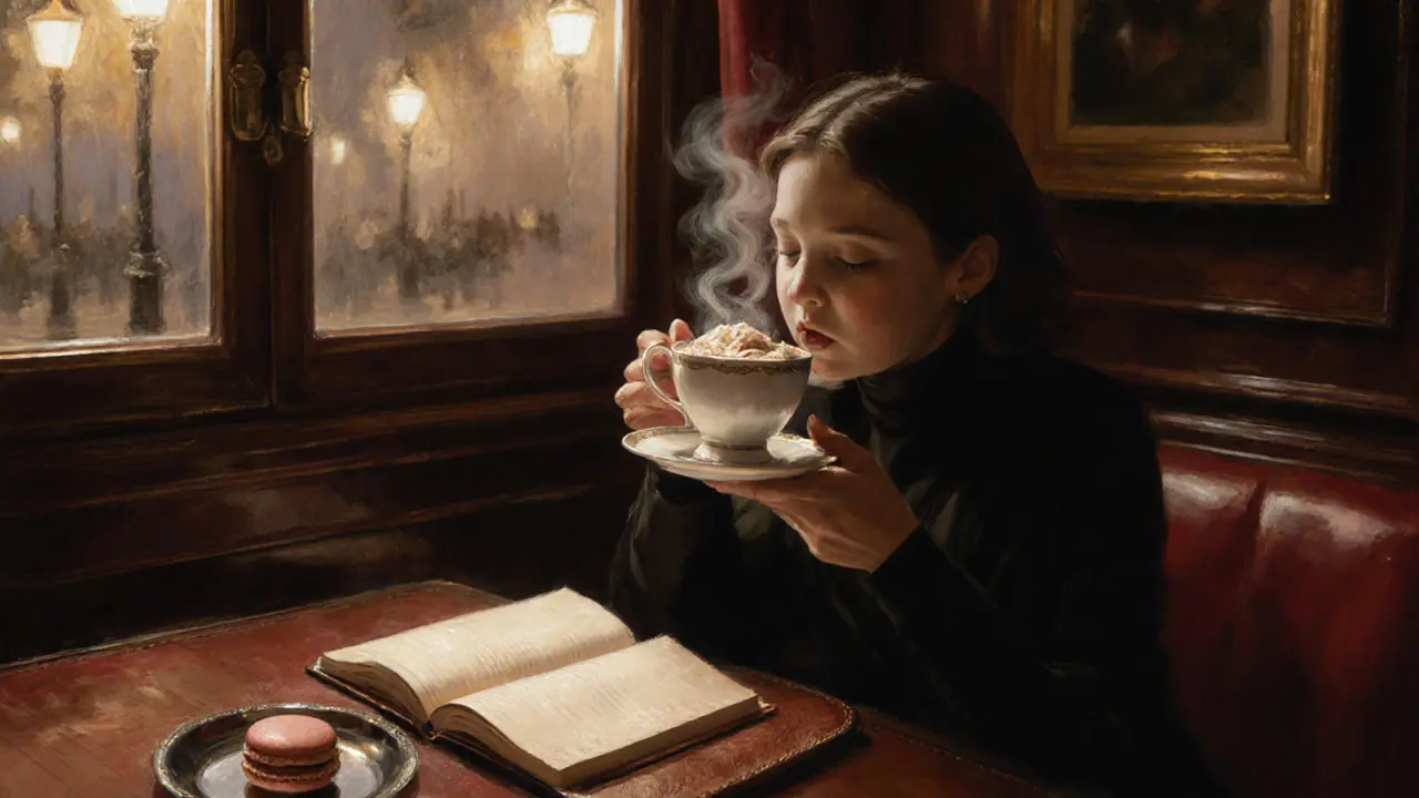 Woman enjoying hot chocolate at Angelina with a macaron and open notebook nearby.