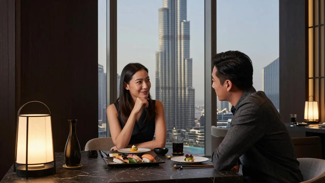A couple enjoying dinner at Nobu Dubai with Burj Khalifa visible through the window.
