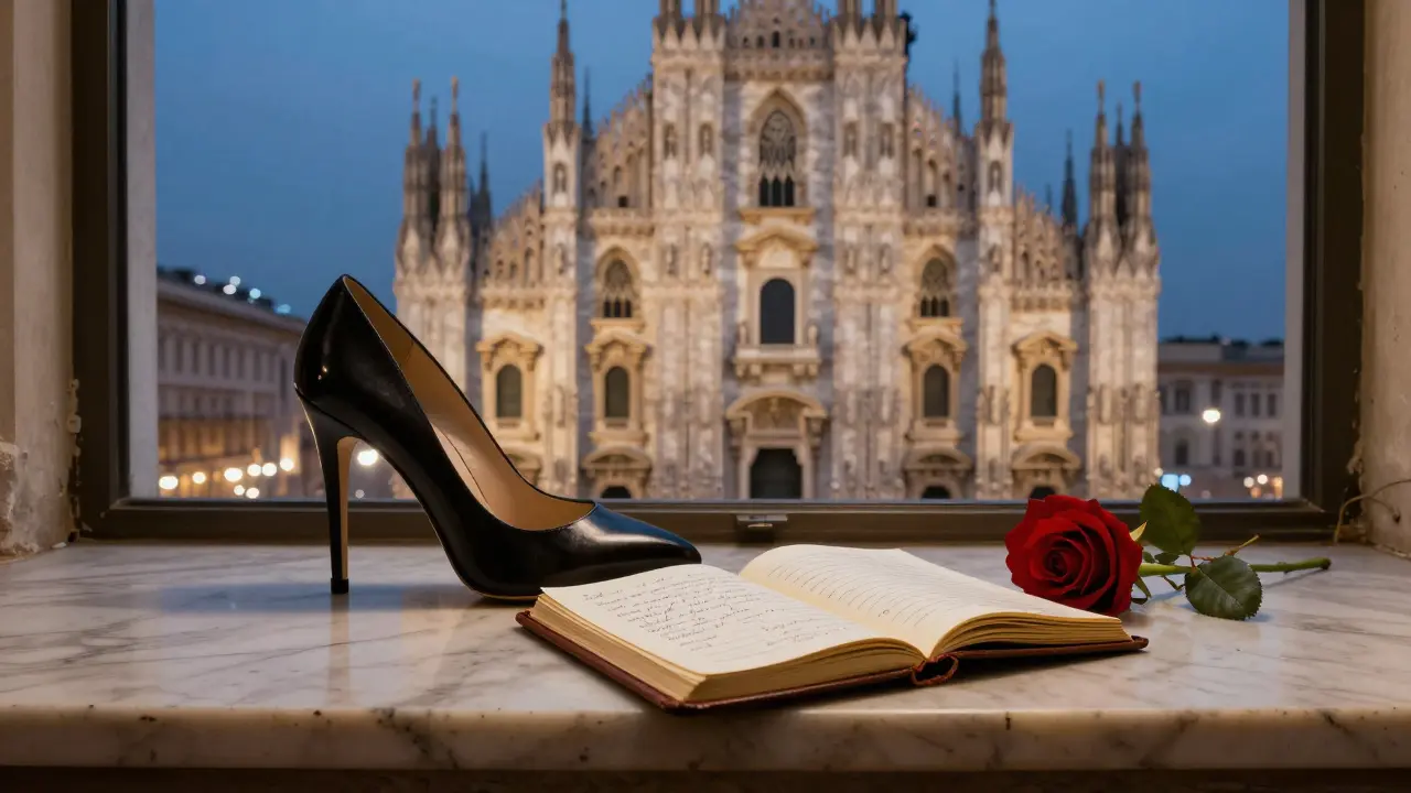 A high-heeled shoe and open journal with a rose rest on a windowsill overlooking Milan’s Duomo at dusk, symbolizing dignity and unseen human connection.