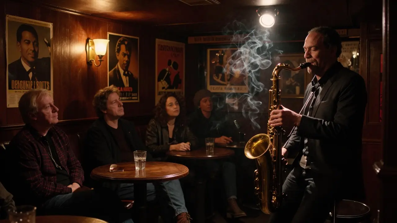 A jazz musician playing in dim light at Ronnie Scott’s, patrons listening in silence.
