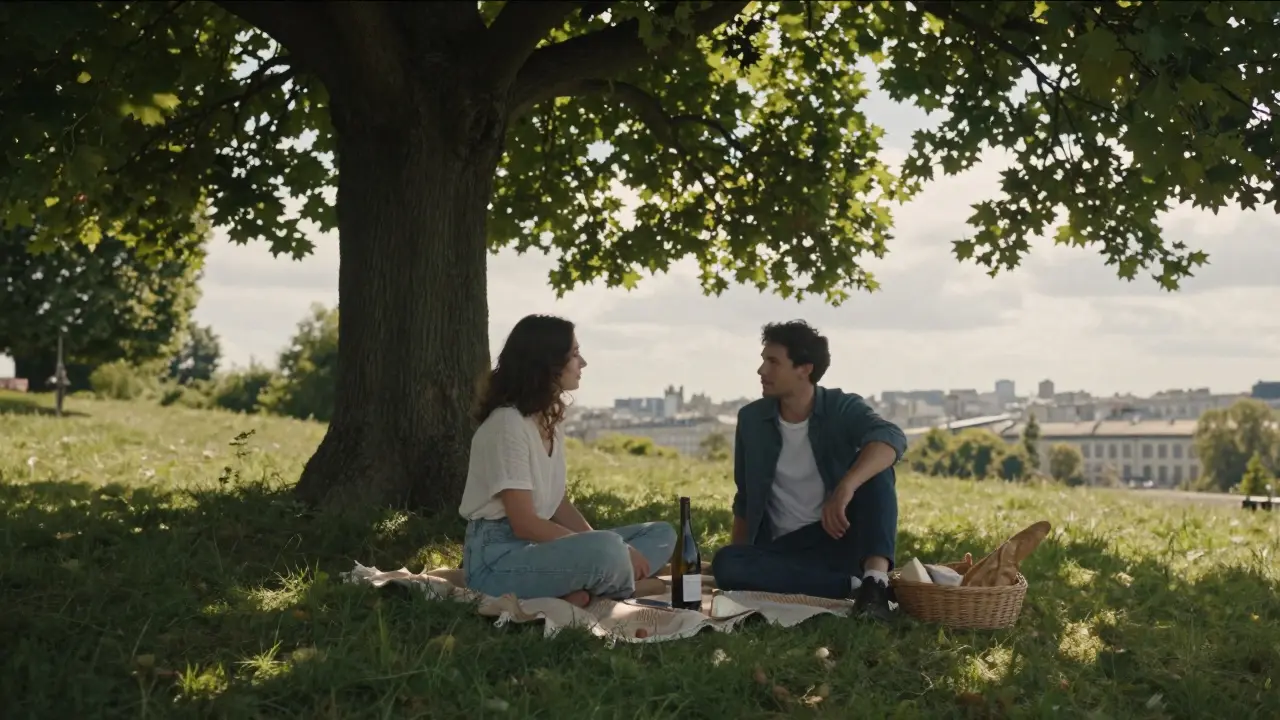 A man and woman relaxing on a grassy hill in Parc des Buttes-Chaumont, surrounded by nature and city views.
