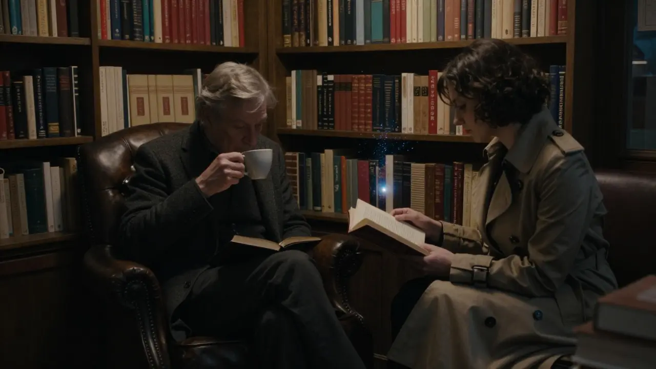 A man and woman share a quiet moment in a cozy bookstore corner, illuminated by warm lamplight.