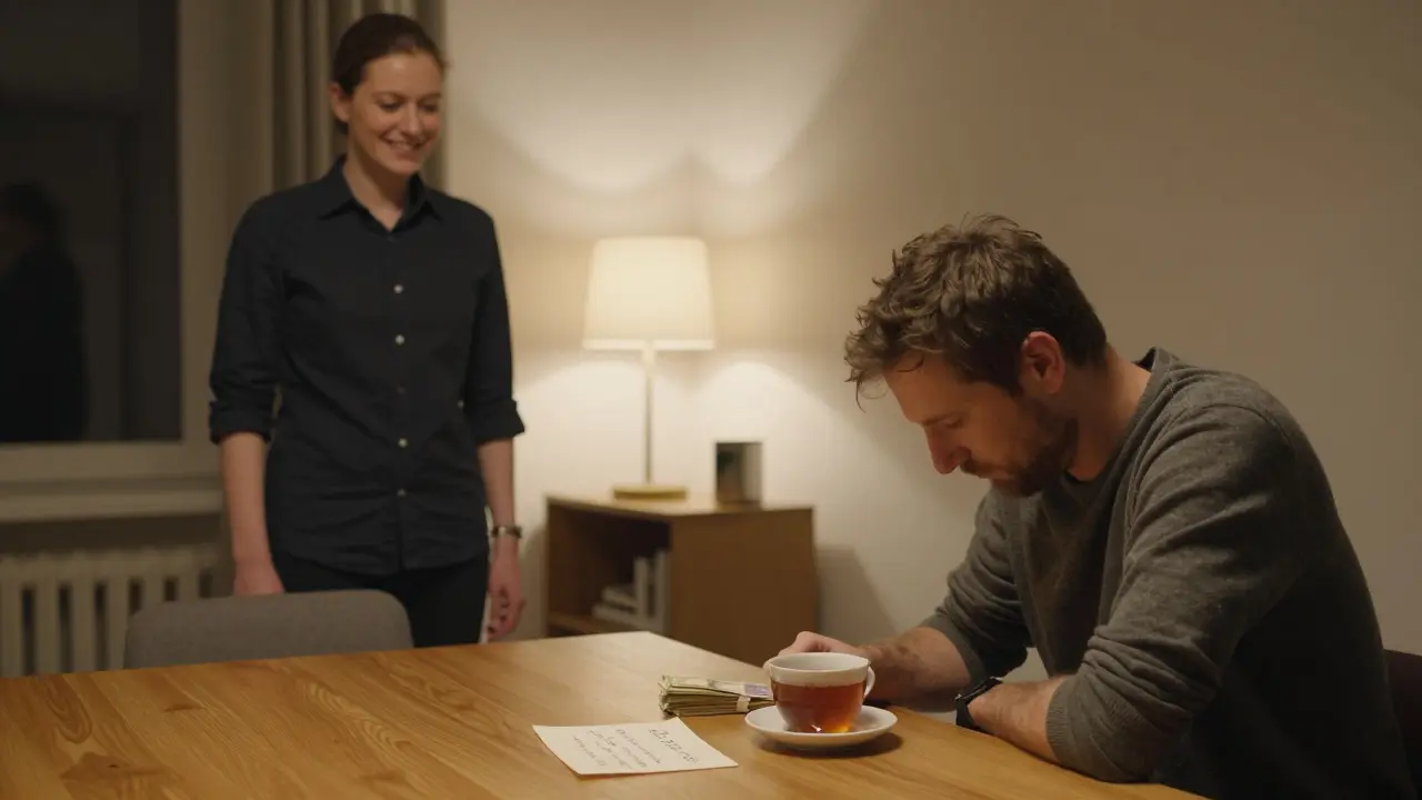 A man leaves cash and a note on a table as an escort smiles in farewell, the room serene and dignified.