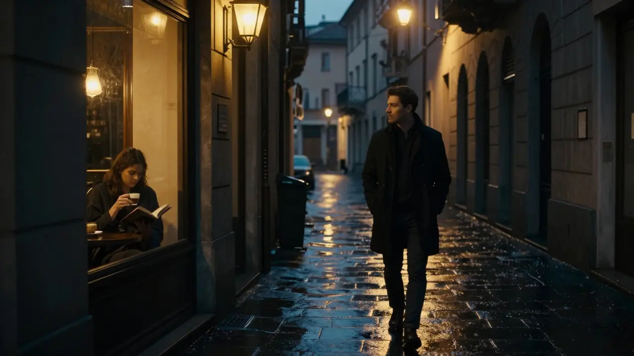 A man walks alone through rainy Navigli at night, glancing at a woman reading in a café window.