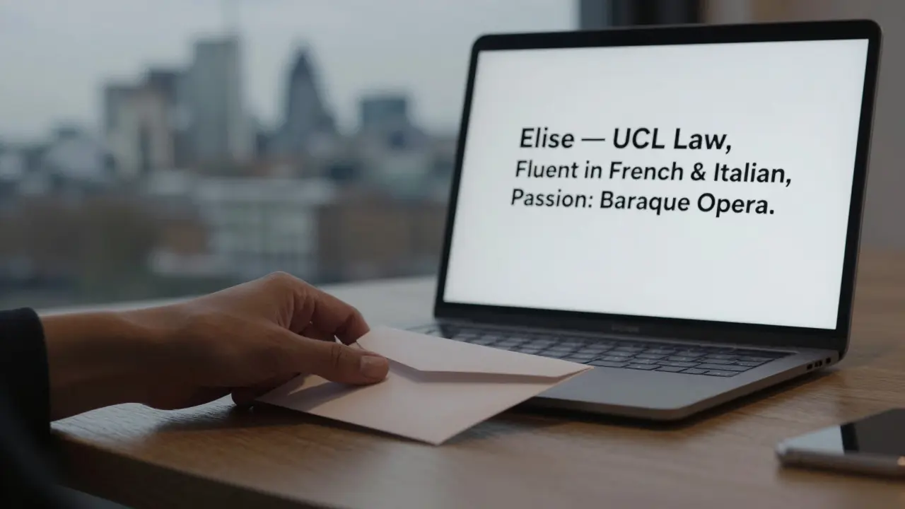 A professional companion's discreet profile is displayed on a desk beside an envelope, symbolizing refined service.