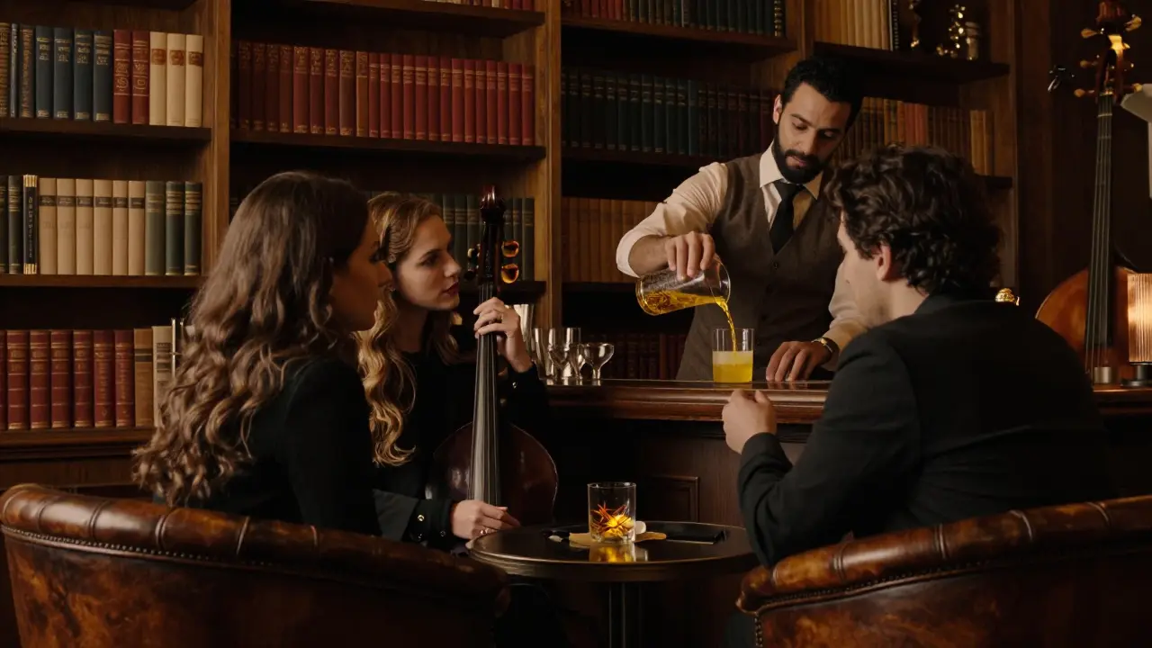 A quiet speakeasy interior with a bartender pouring a spiced cocktail in dim, cozy lighting.