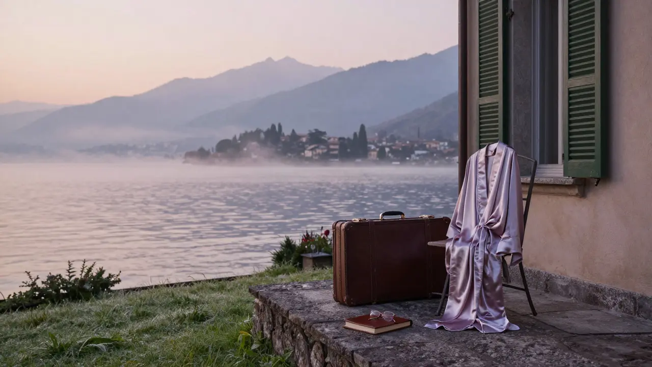 A serene lakeside villa at dawn, empty but bearing quiet traces of a personal encounter.