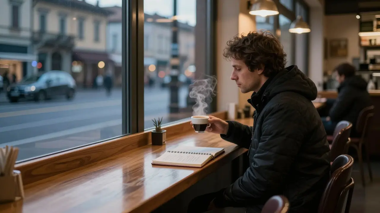 A solo traveler at a 24-hour café in Brera sipping espresso as morning light begins to enter.
