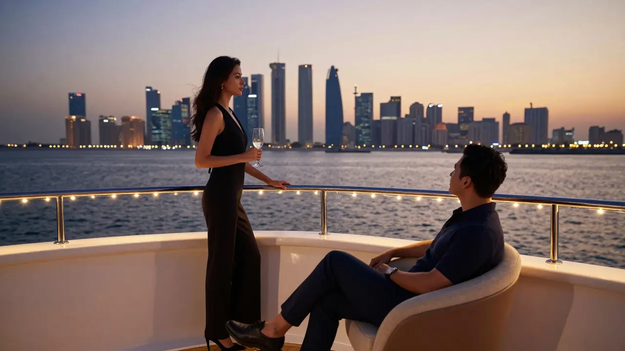 A sophisticated companion and client enjoy a calm evening on a private yacht at dusk off Yas Island.