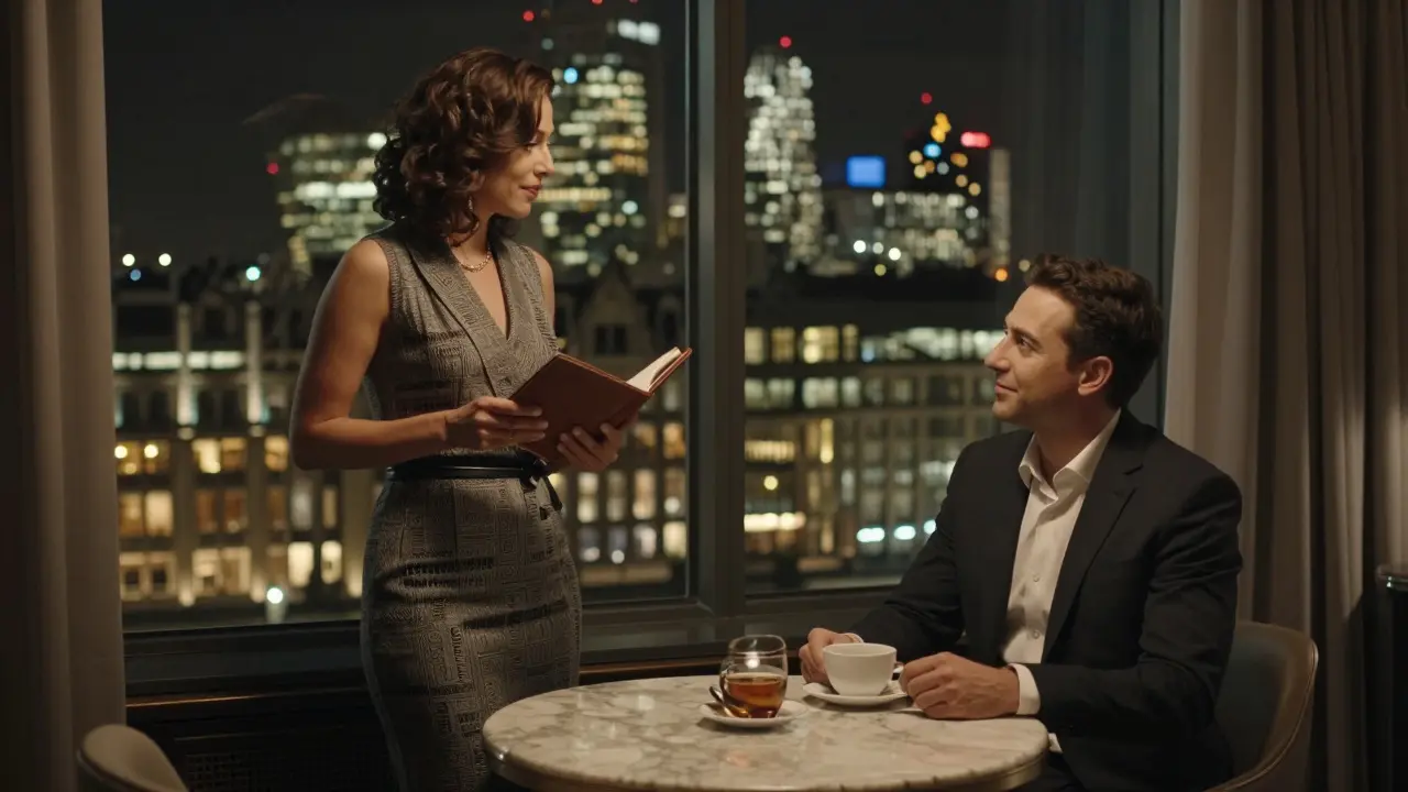 A woman and man in a high-end hotel suite, sharing a peaceful moment with London lights in the background.