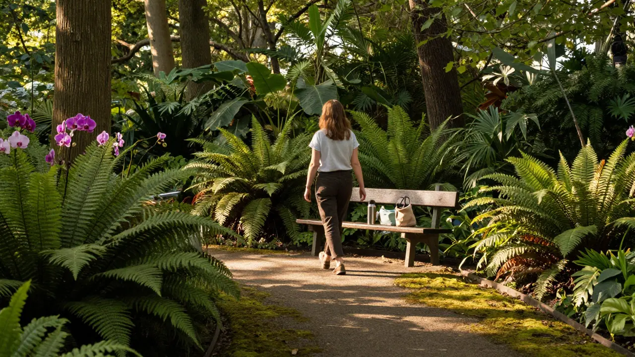 A woman walking peacefully through Berlin's Botanical Garden, surrounded by greenery and soft sunlight.