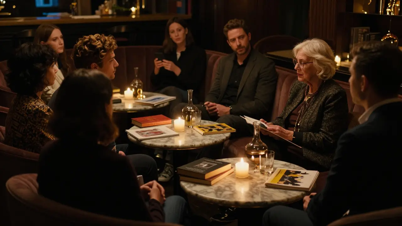 Clients and a companion share a quiet, intimate moment in a private Mayfair lounge, lit by candlelight.