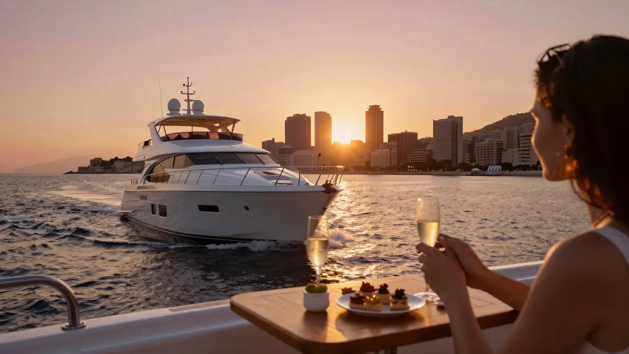 Couple on a private yacht at sunset, watching the Monte Carlo skyline glow over the Mediterranean Sea.