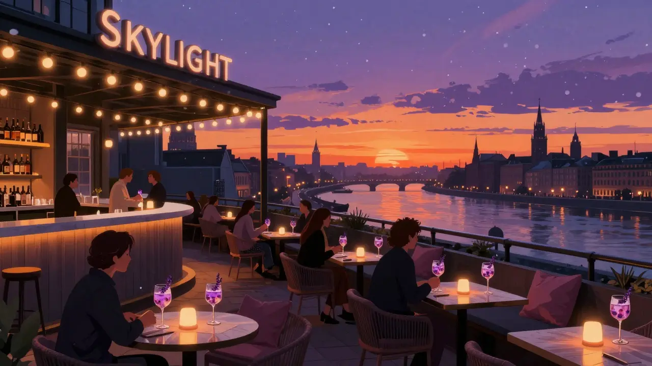 Cozy rooftop terrace at Skylight with string lights and sunset over the Thames, patrons enjoying cocktails.