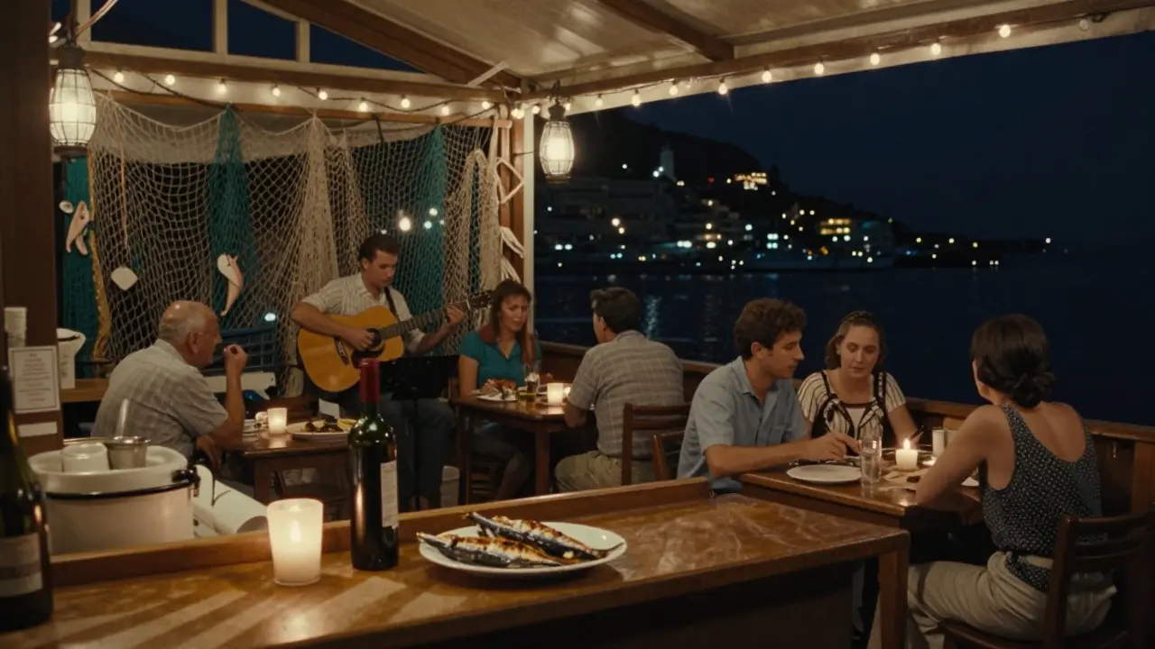 Cozy seaside bar with string lights, acoustic guitar playing, and locals enjoying wine under the stars.