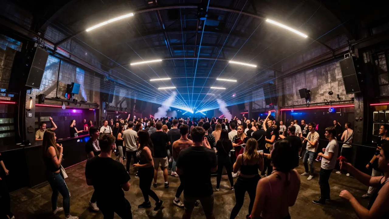 Crowd dancing in a massive industrial warehouse nightclub with lasers and smoke.