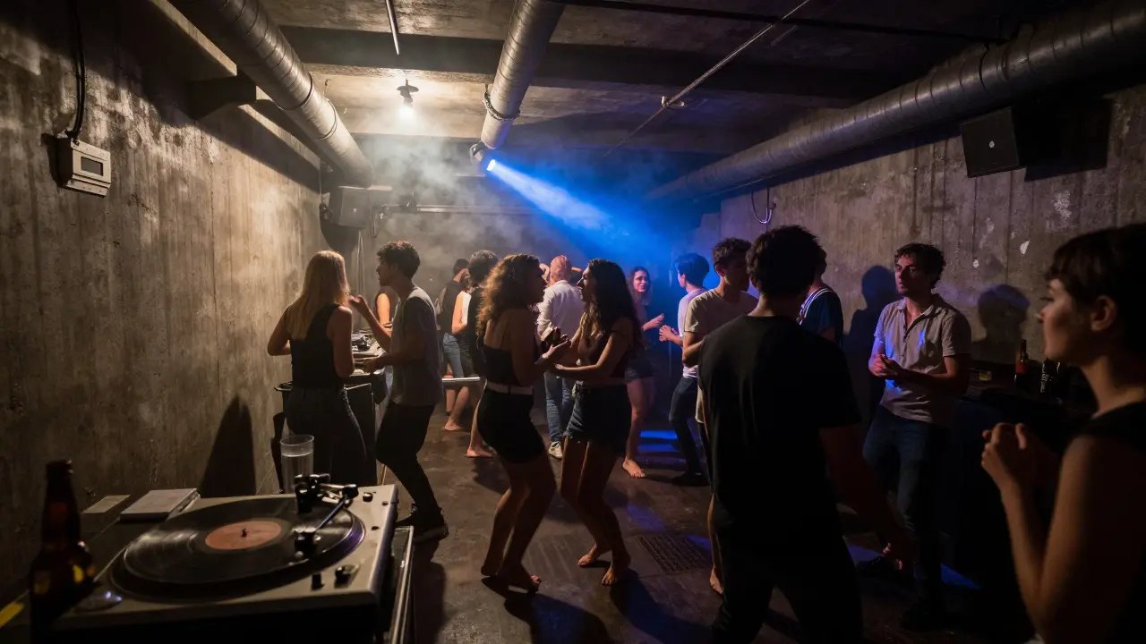 Crowd dancing on concrete floor at La Scala nightclub with vinyl turntable and industrial lighting.
