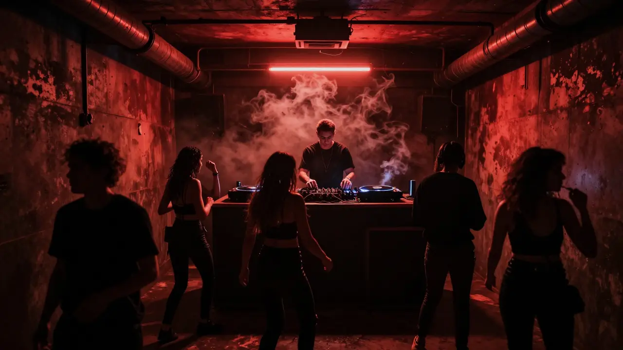 Dark underground club with red lighting and people dancing to techno in an industrial concrete space.