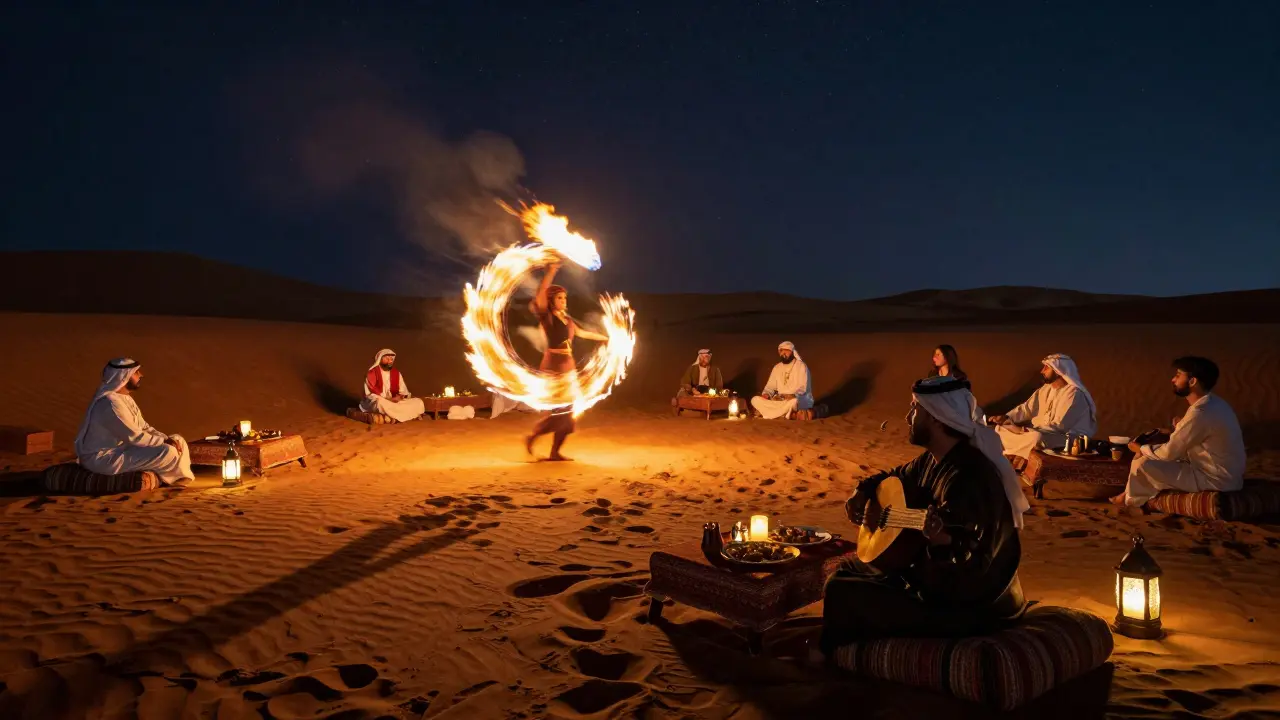 Desert dinner show under the stars with fire dancers and oud musicians amid dunes.