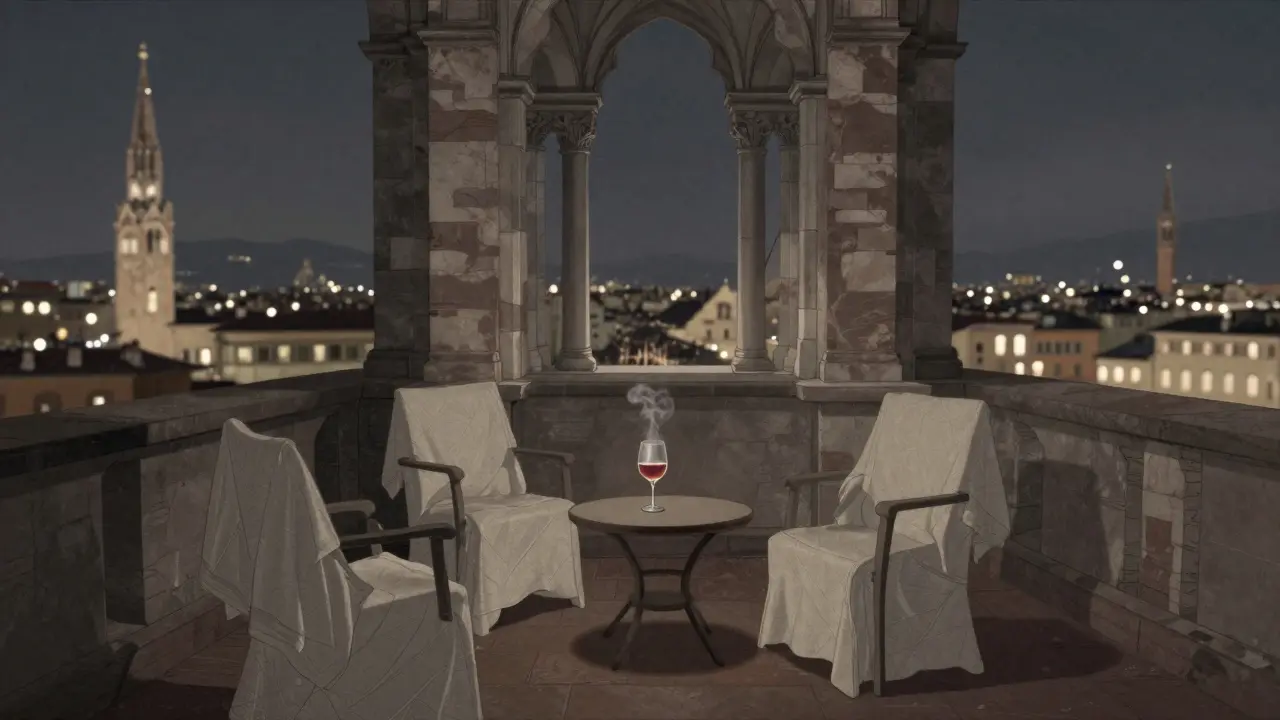 Empty rooftop terrace overlooking Milan’s Duomo at night, misty lights, silent sanctuary, no people visible.