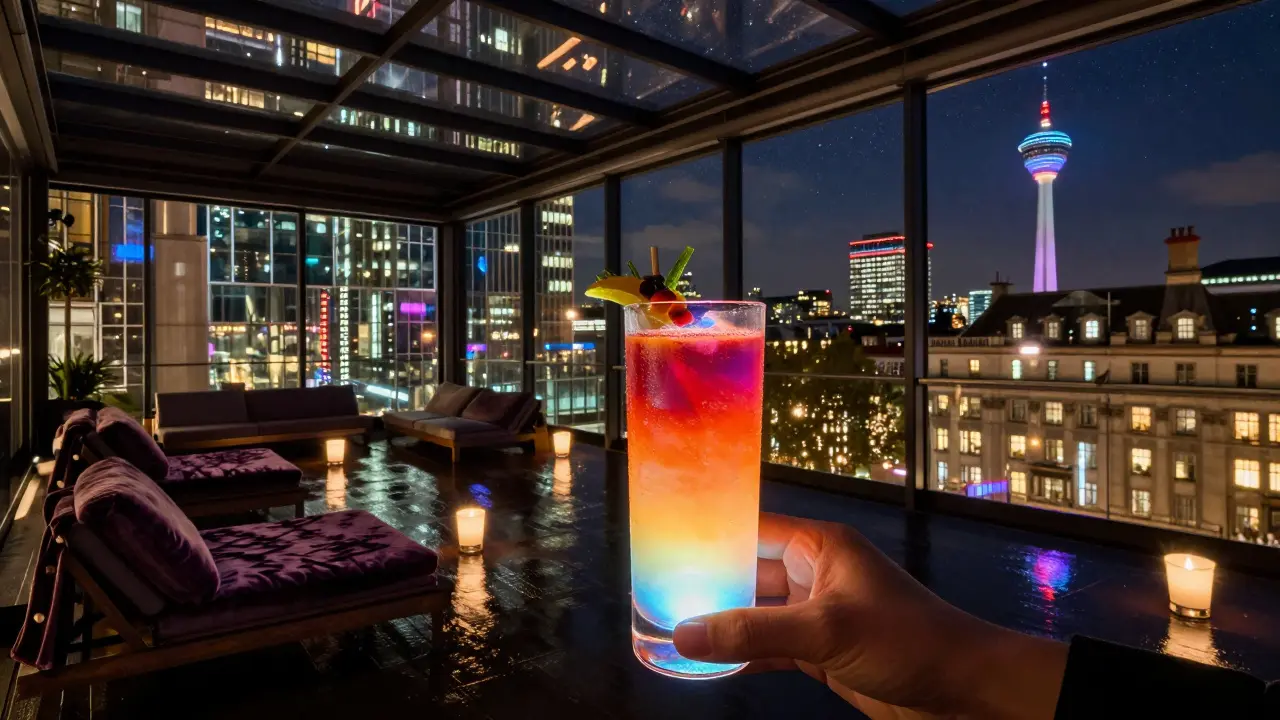 Glowing signature cocktail on The Terrace at The Londoner, city lights and starry sky in background.
