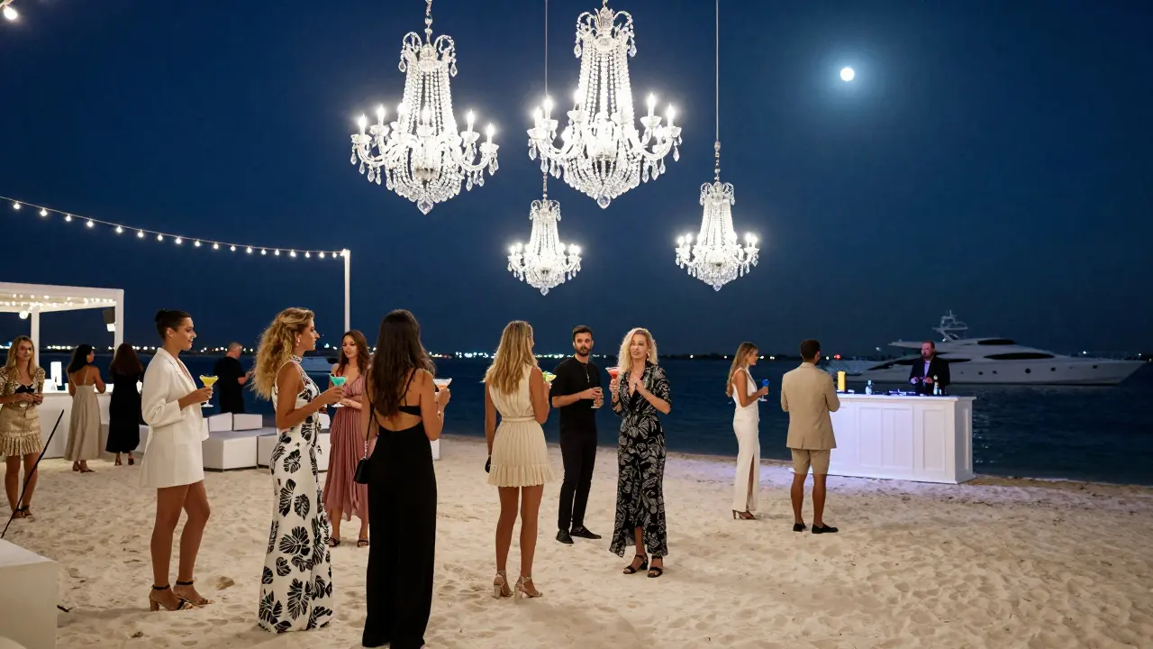 Guests enjoying cocktails under string lights at White Dubai's floating lounge by the marina.