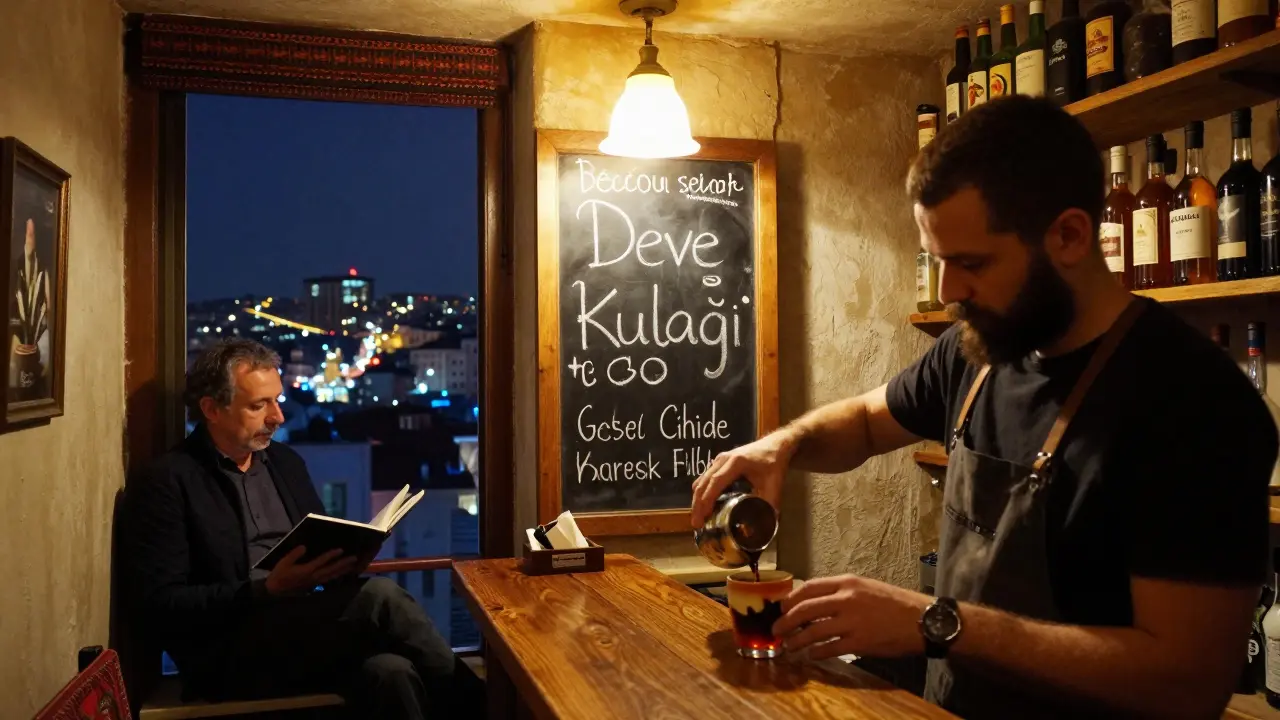 Hidden alley bar with chalkboard menu and poet reading under warm lamplight.