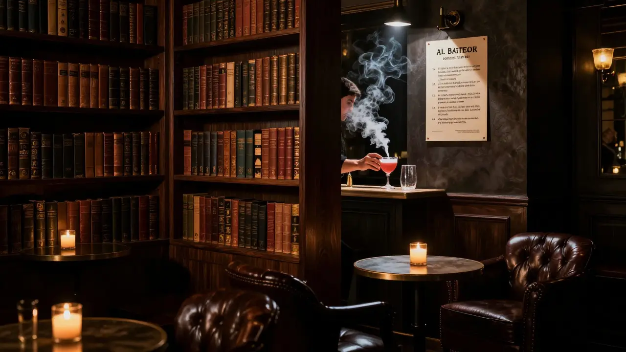 Hidden speakeasy bar with candlelight, books, and a bartender mixing a smoky cocktail in dim ambiance.