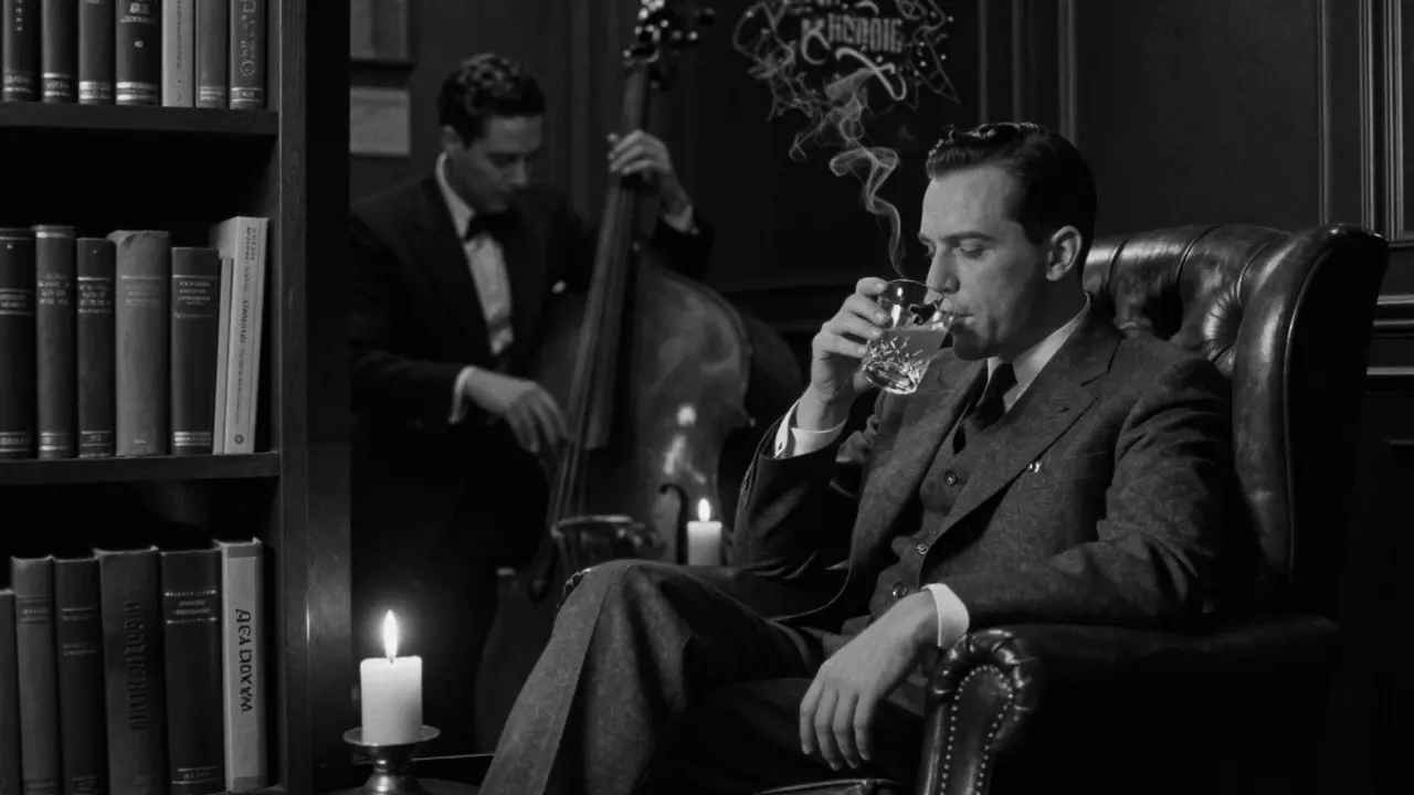 Hidden speakeasy with jazz trio, man sipping cocktail in leather chair, bookshelf entrance, candlelit intimacy.