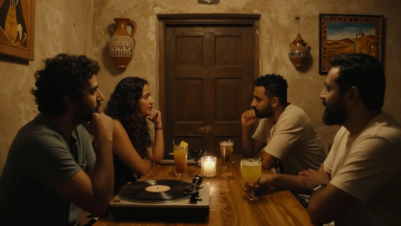 Hidden underground lounge with vinyl records and intimate group sharing quiet conversations.