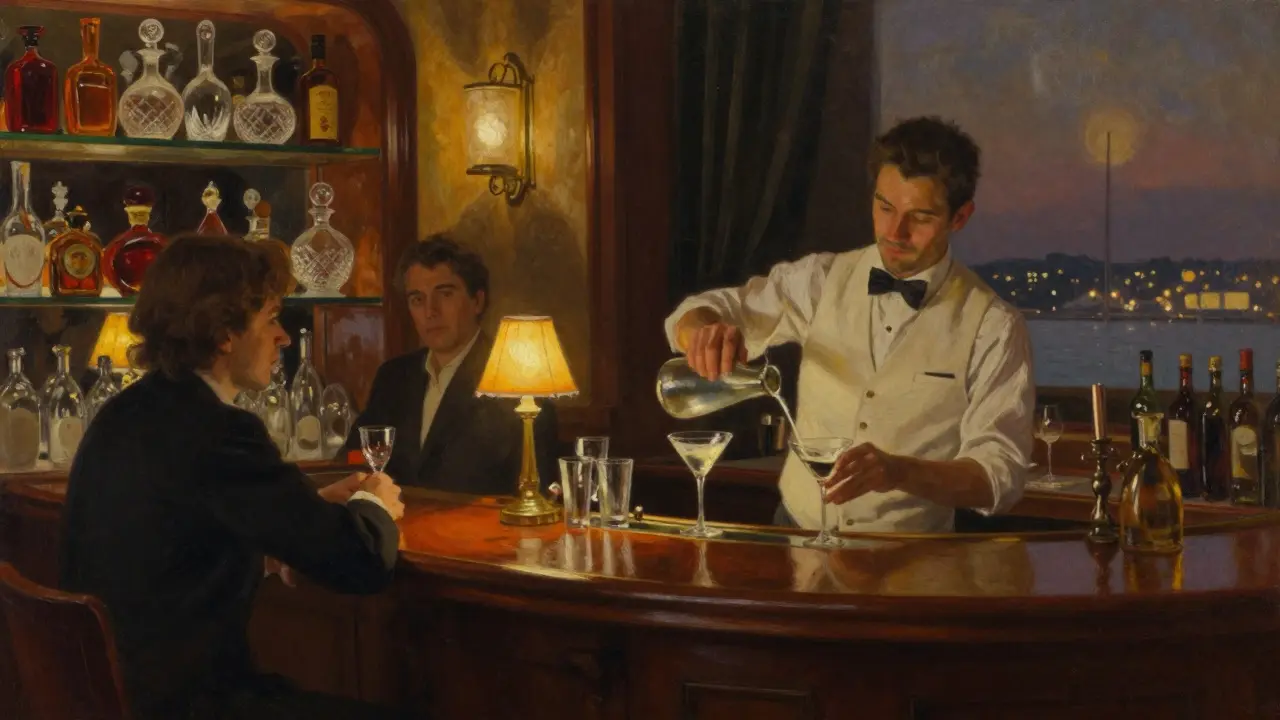 Intimate bar scene with a bartender pouring a martini in warm, dim lighting.