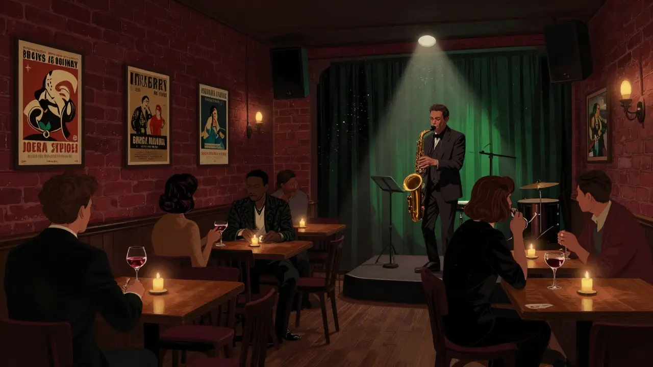 Intimate jazz club in Brera with a saxophonist playing under candlelight and patrons sipping cocktails.