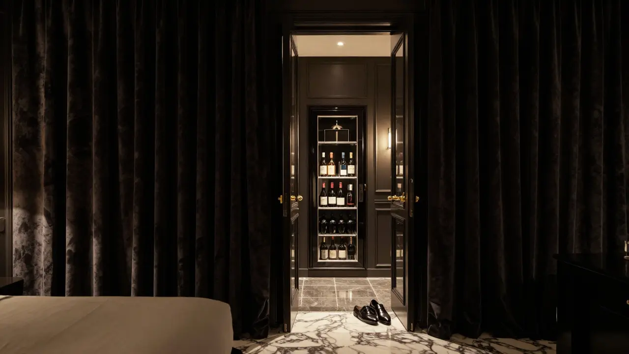 Luxury hotel suite with double doors, minibar stocked, velvet curtains, no people, serene and anonymous atmosphere.