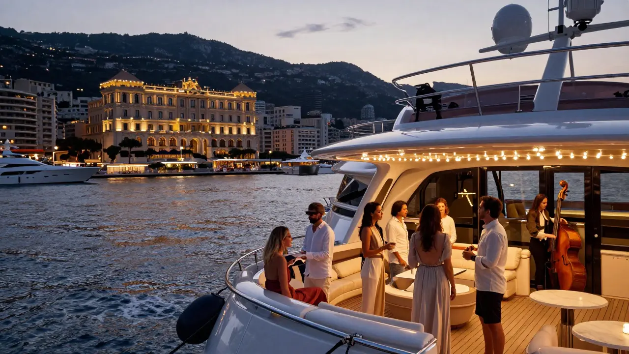 Luxury yacht at dusk in Monaco Harbor with guests mingling under string lights and palace silhouette.