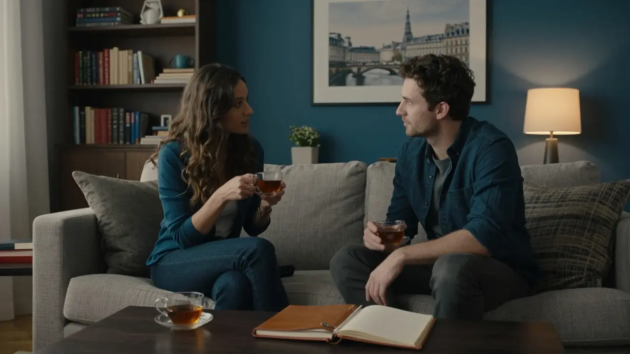 Man and woman having a calm conversation in a cozy Le Marais apartment, no physical contact.