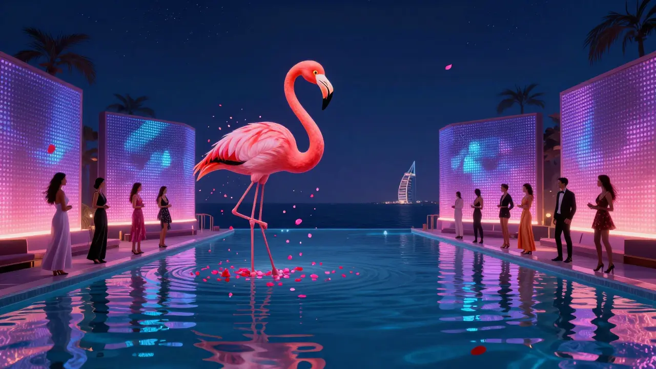Nightclub infinity pool with flamingo sculpture showering rose petals, LED-lit walls and Arabian Gulf reflections.