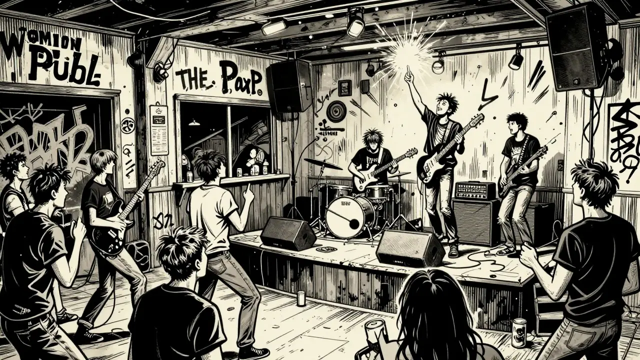 Punk band playing on a tiny stage at The Windmill pub with energetic fans in ripped clothing.