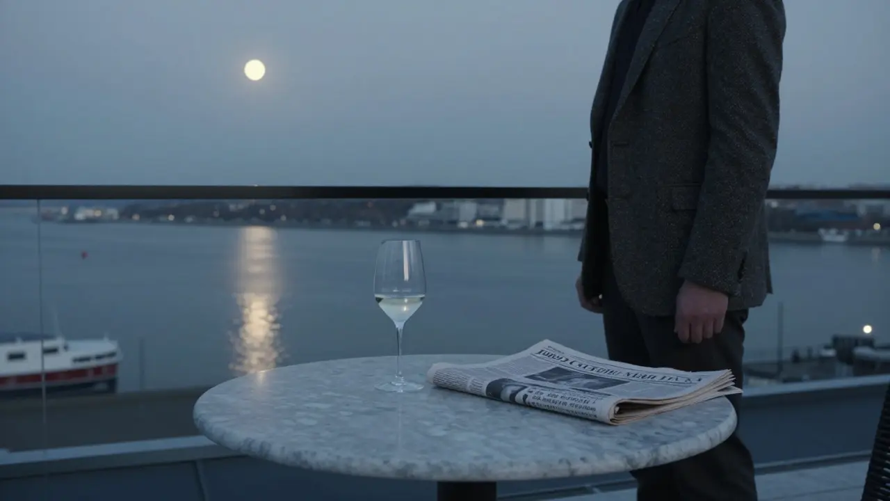 Quiet rooftop terrace at 4 a.m. with a single glass of wine and moonlight reflecting on the harbor.