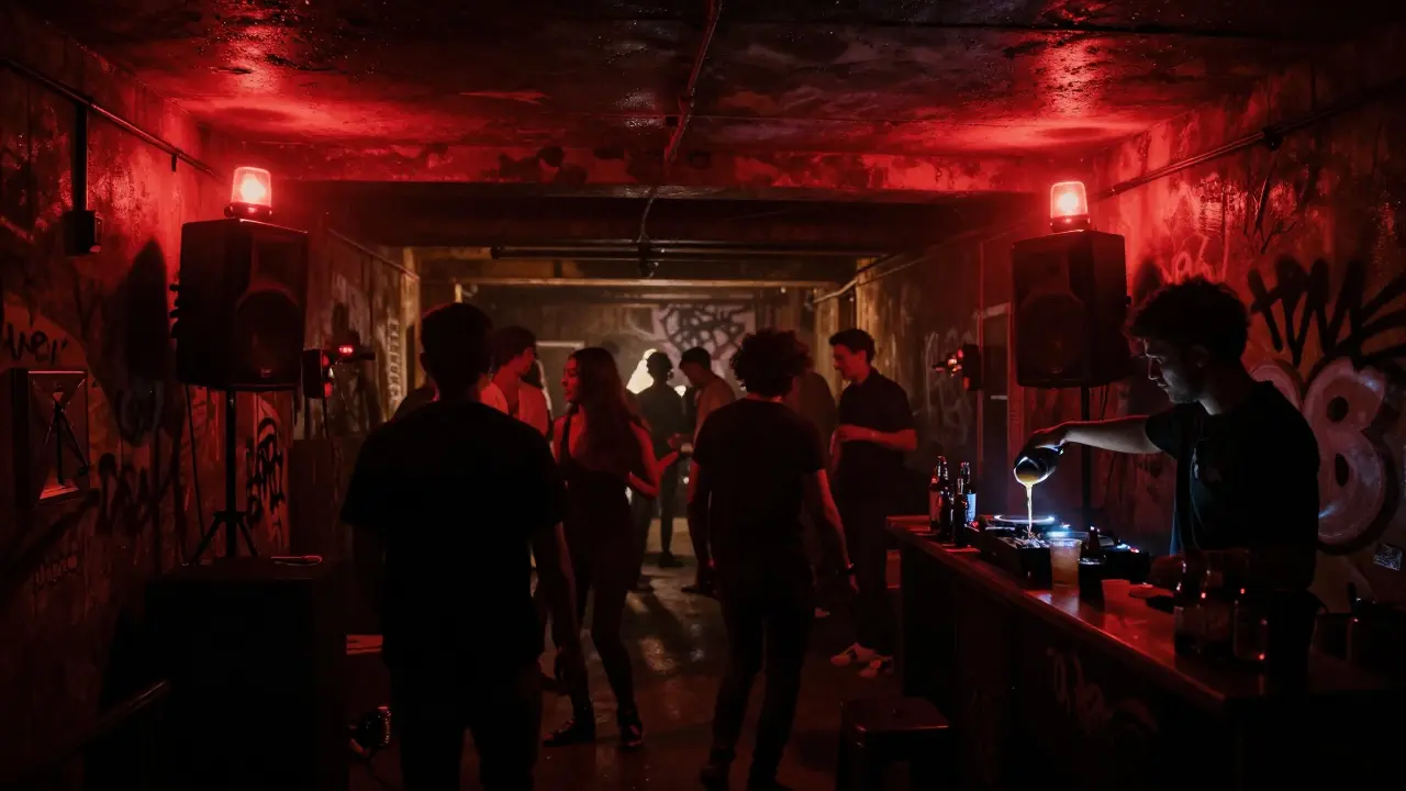 Raw underground warehouse party with silhouetted dancers and red emergency lighting.