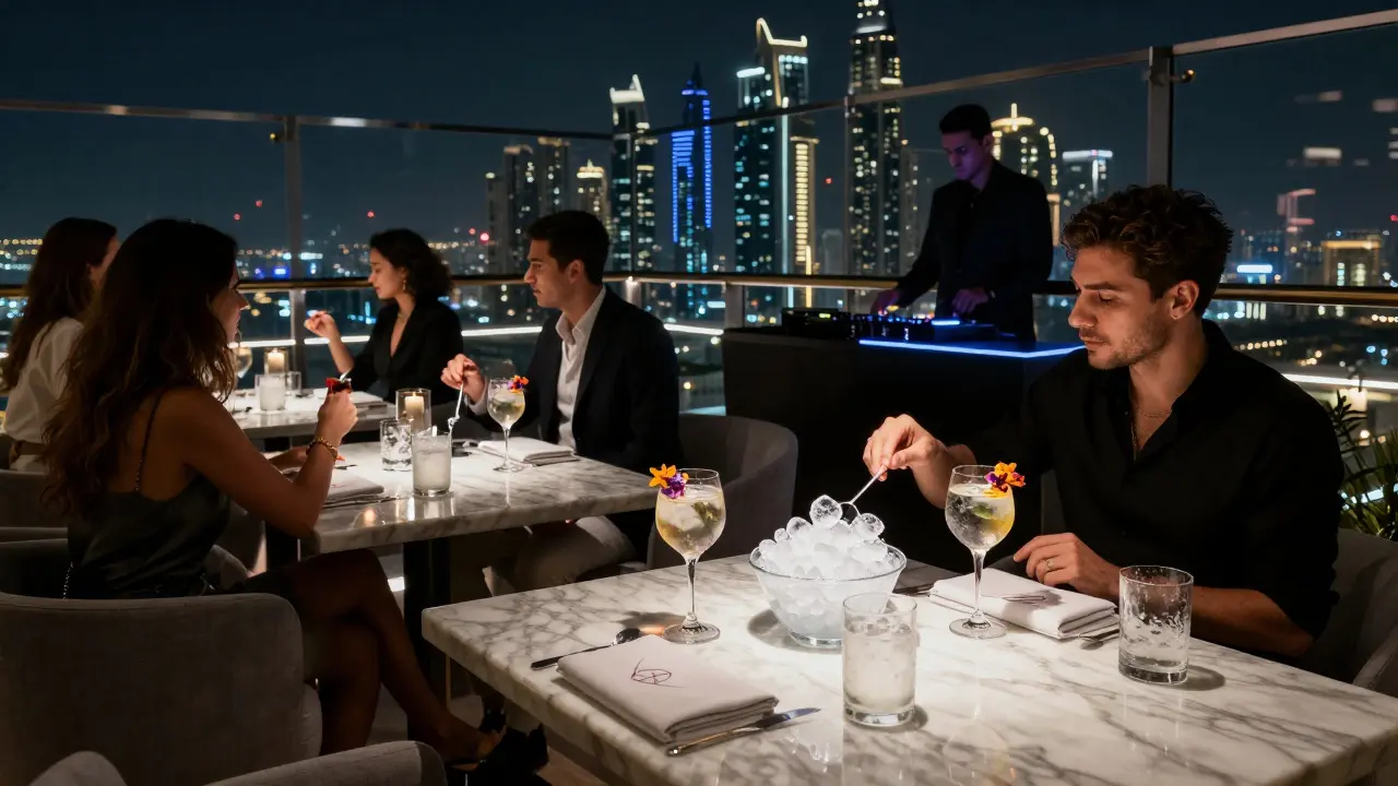Rooftop bar with city skyline views, guests sipping garnished cocktails under soft lighting.