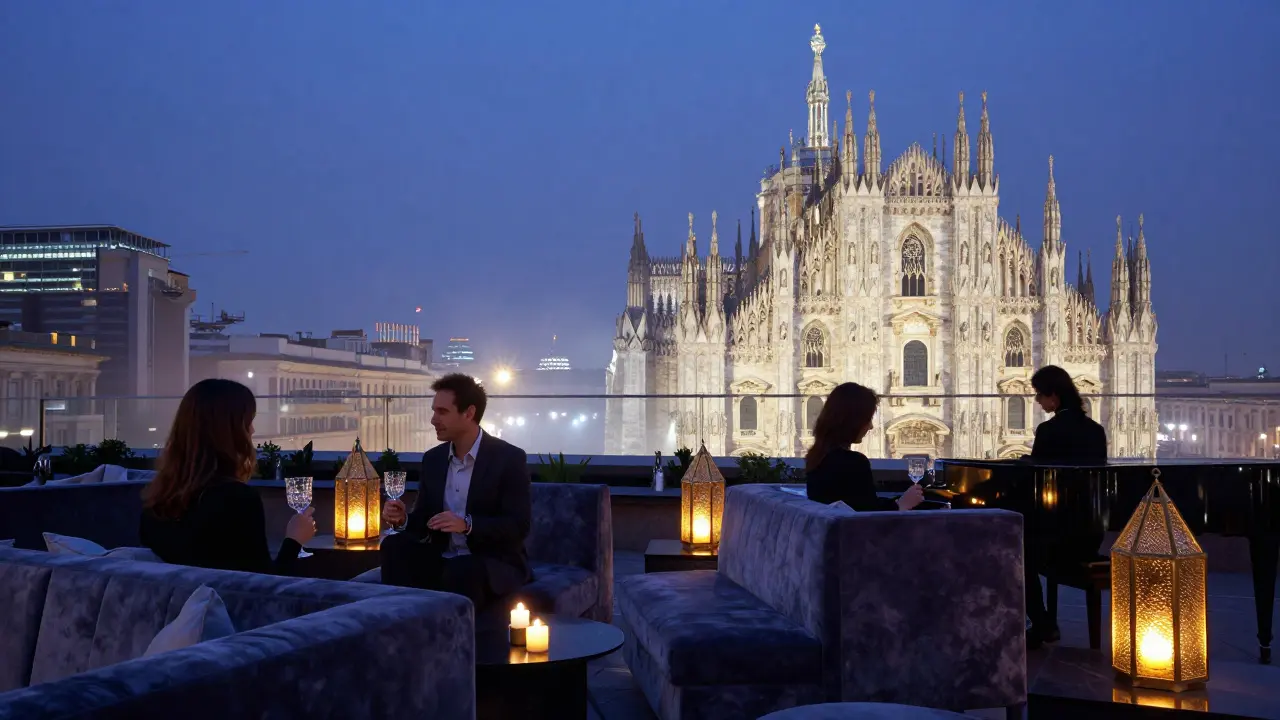 Rooftop lounge at night with city skyline, couples sipping wine under soft lights and a pianist playing.