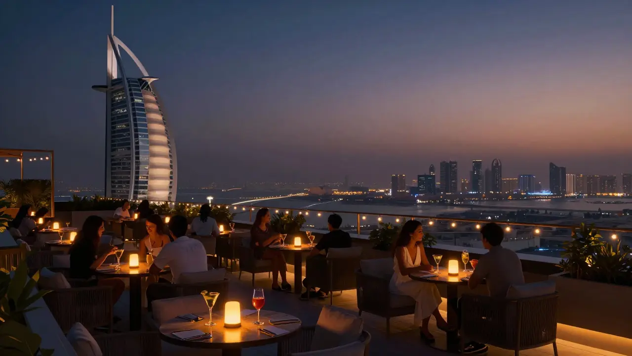 Rooftop lounge with guests enjoying cocktails as Abu Dhabi's city lights stretch into the distant horizon.