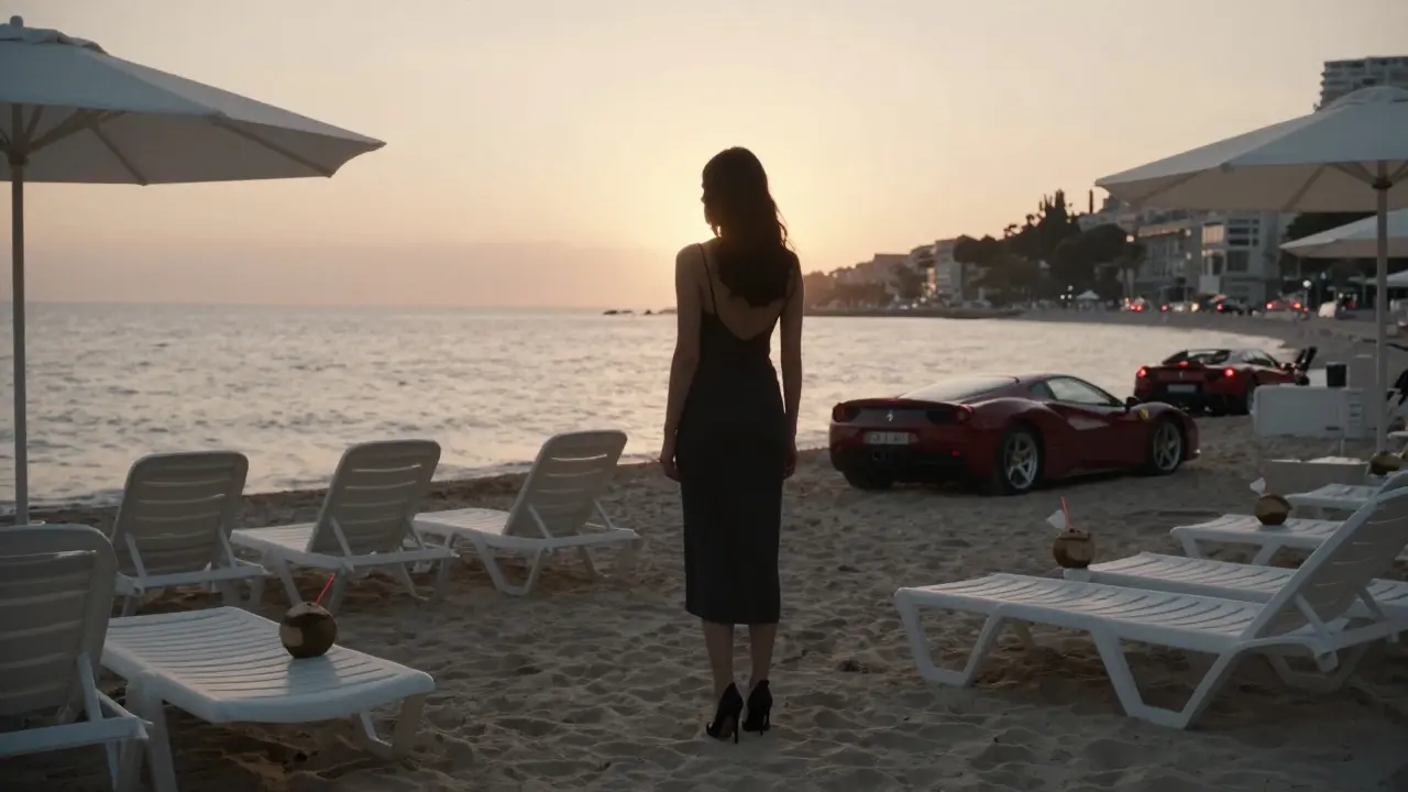 Silhouette of a woman on Monaco beach at dawn, abandoned loungers and distant Ferrari lights hint at a vanished night.