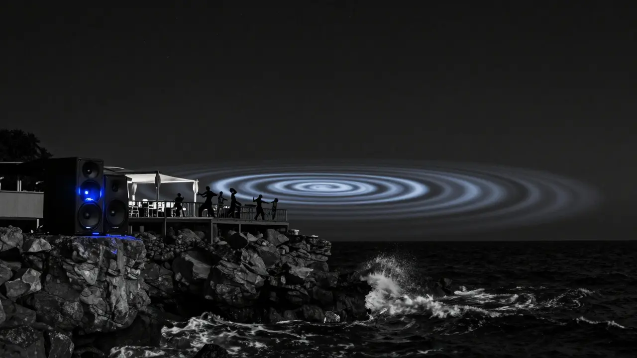 Silhouetted dancers at Blue Bay club on cliffside, surrounded by starlit sea and bass waves.