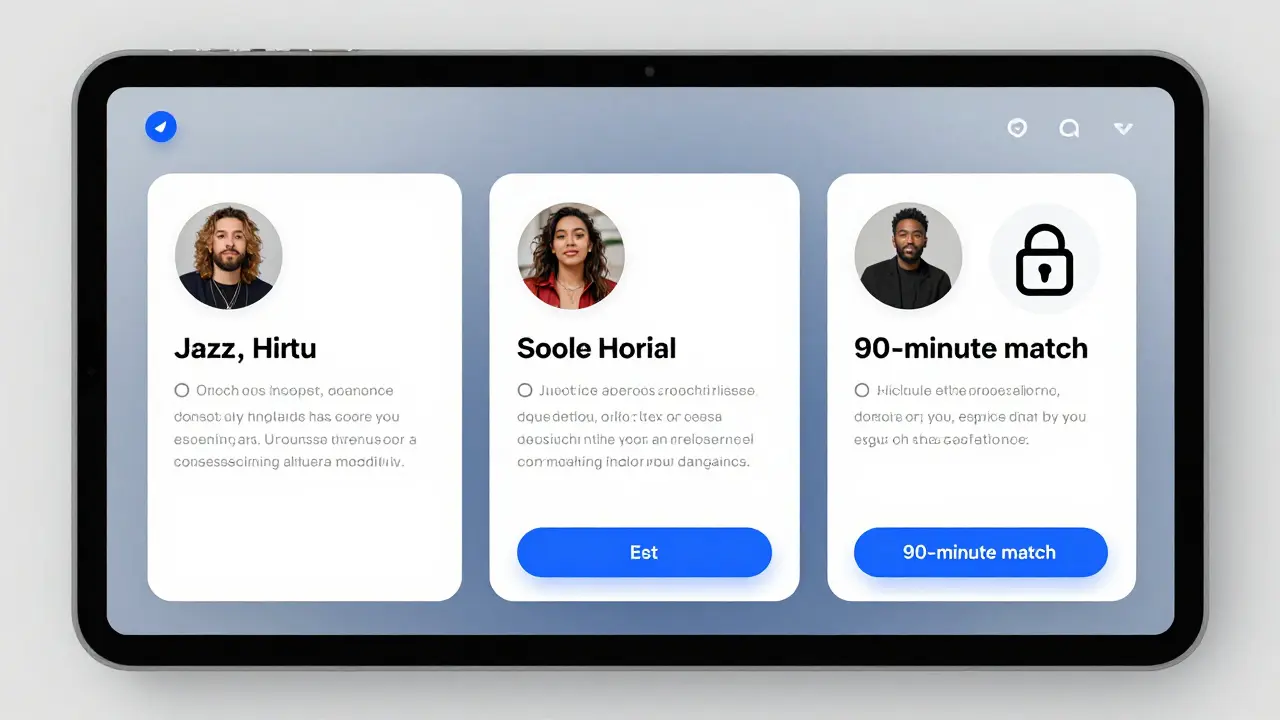 Three curated companion profiles displayed on a tablet with detailed interests and privacy indicators.