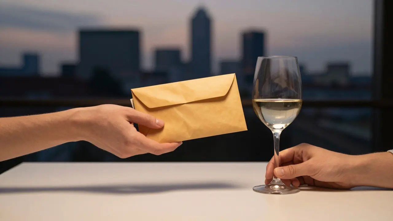 Two hands exchanging cash and a glass of wine, symbolizing respectful transaction and connection in Berlin's escort scene.