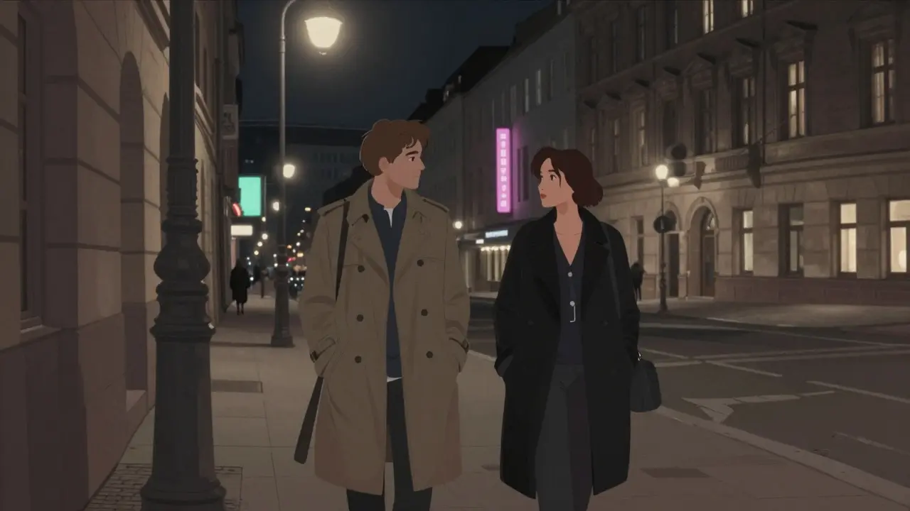 Two individuals walking together at night in Kreuzberg, engaged in quiet conversation under streetlights near a cultural venue.