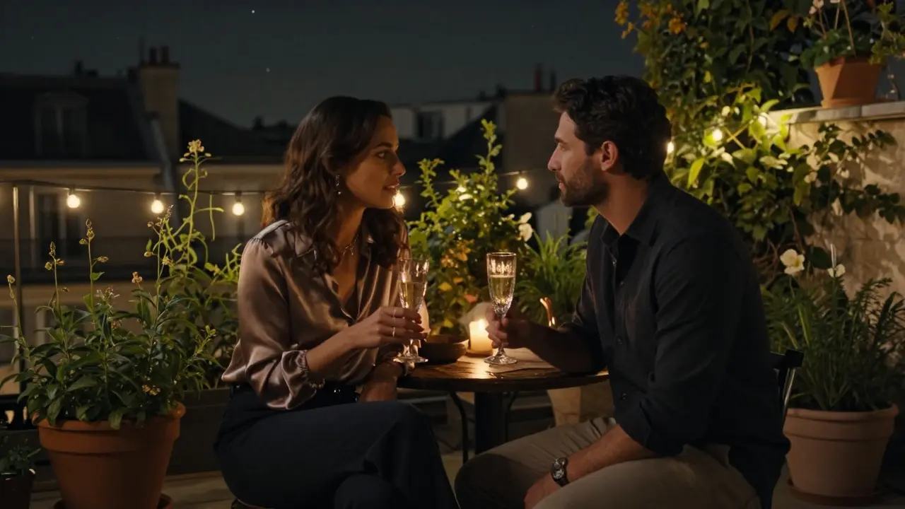 Two people enjoy champagne in a hidden rooftop garden, surrounded by soft lights and greenery.