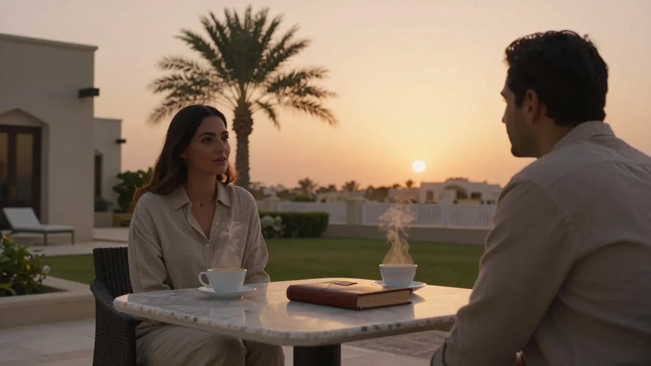 Two people sharing a peaceful tea moment on a villa terrace at sunset in Al Ain.