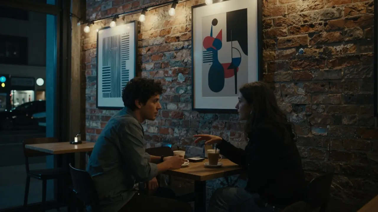 Two people sharing coffee at a trendy café in Alserkal Avenue, art in the background.